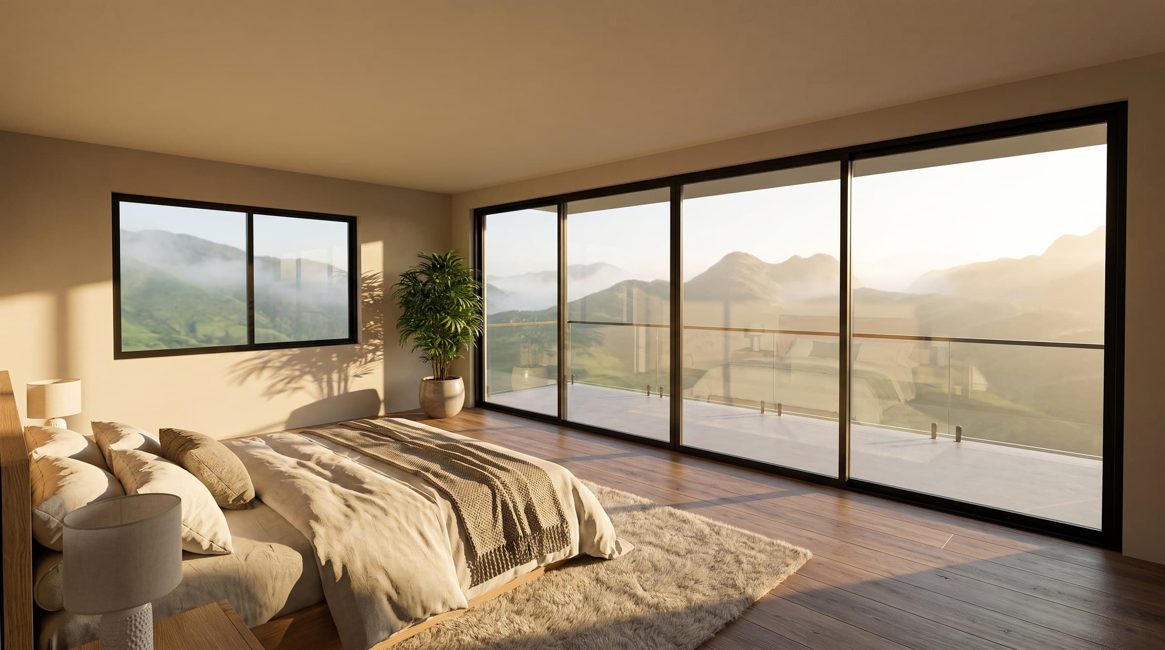 Habitación principal con la cama de frente al ventanal y el valle al amanecer.