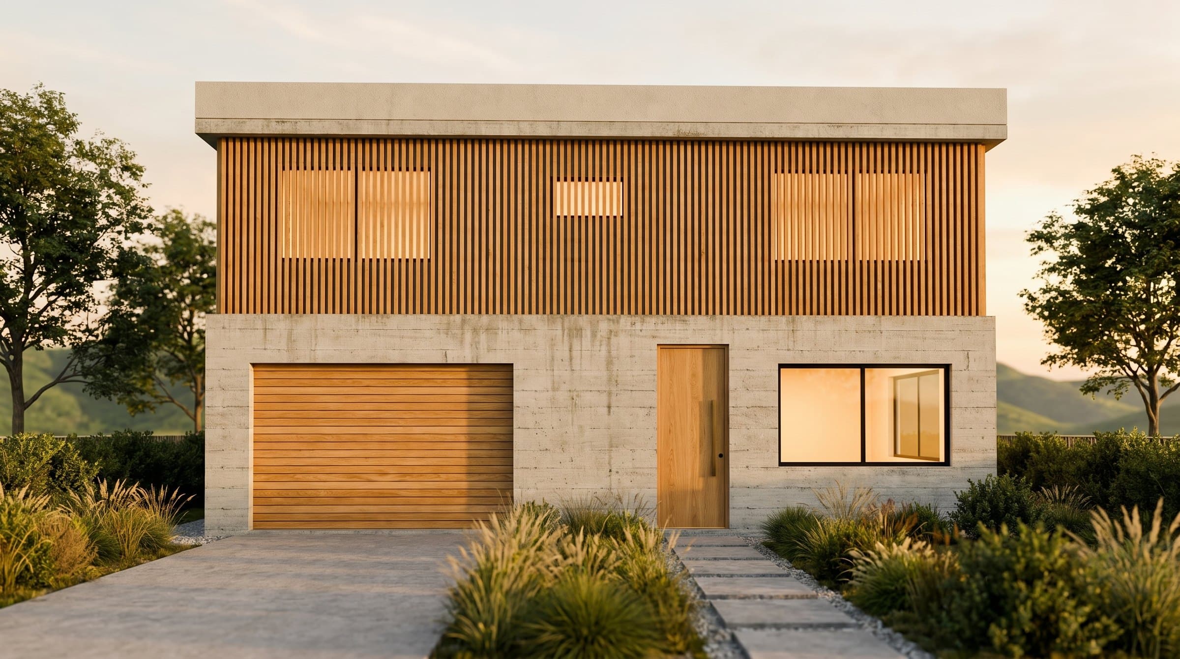 Fachada de Casa Mirador al atardecer: concreto a la vista, listones de madera y la luz interior encendida.